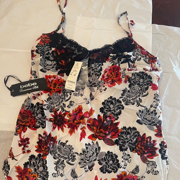 Rare! NWT! Bebe Silk Camisole Flowers Birds Lace Medium - Picture 2 of 12